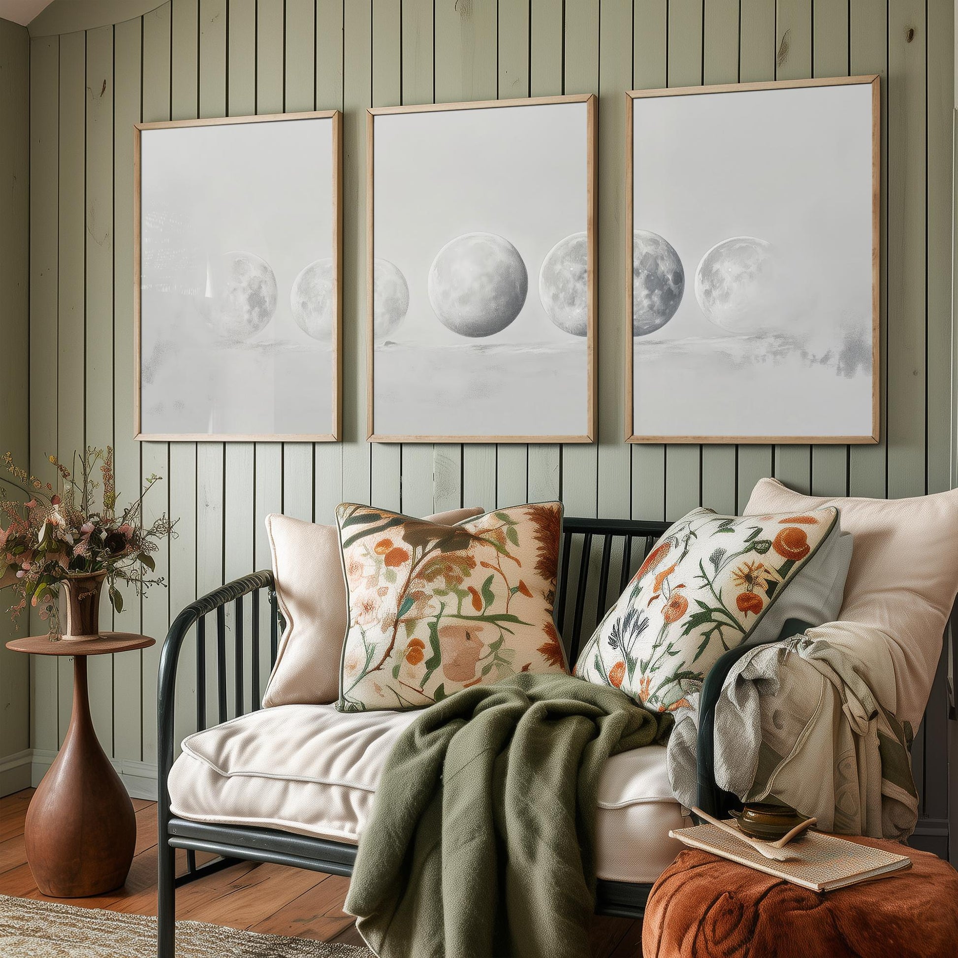 Grey Moon Phases Set of Three Art Prints - 3 Lunar Cycle Posters - Misty Minimalist Photo Wall Art Astronomy Space Gift V3
