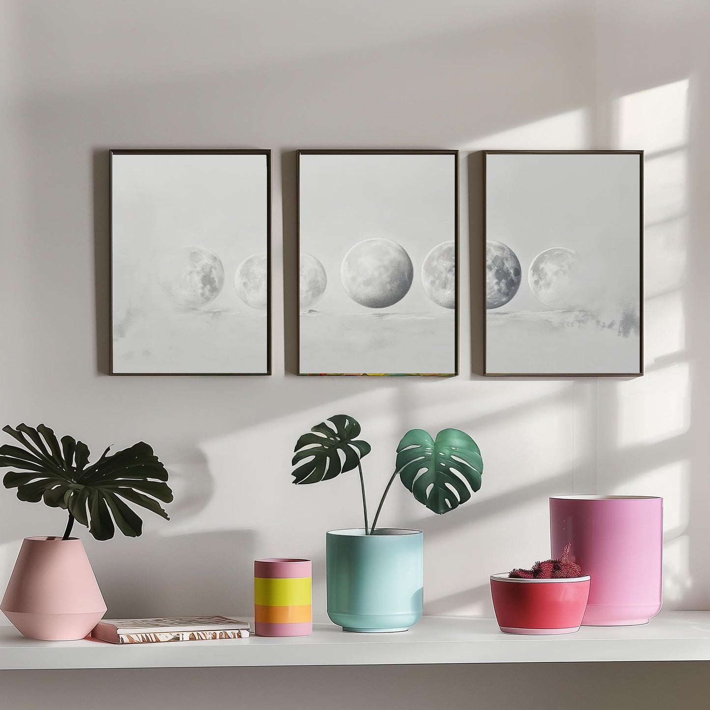 Grey Moon Phases Set of Three Art Prints - 3 Lunar Cycle Posters - Misty Minimalist Photo Wall Art Astronomy Space Gift V3