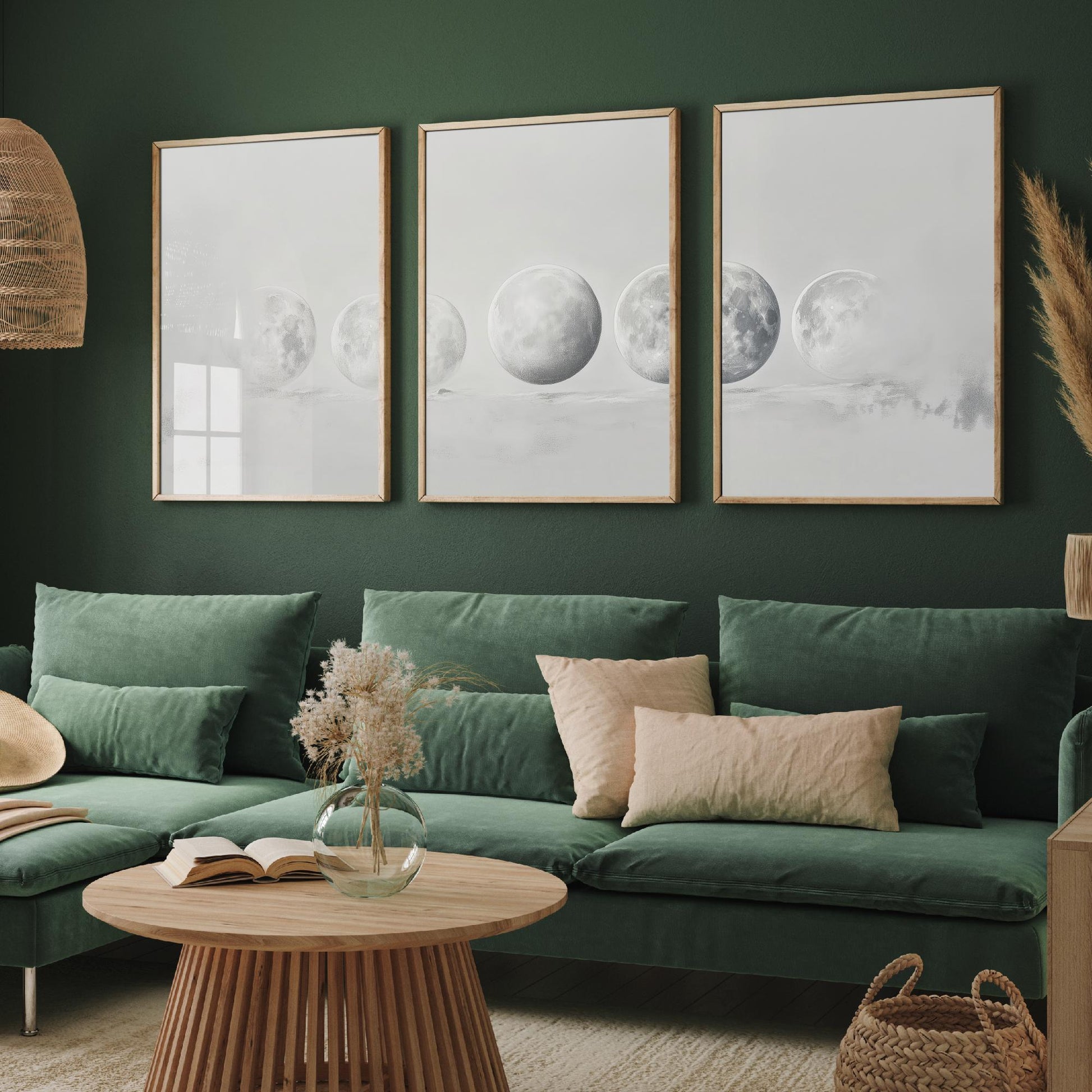Grey Moon Phases Set of Three Art Prints - 3 Lunar Cycle Posters - Misty Minimalist Photo Wall Art Astronomy Space Gift V3