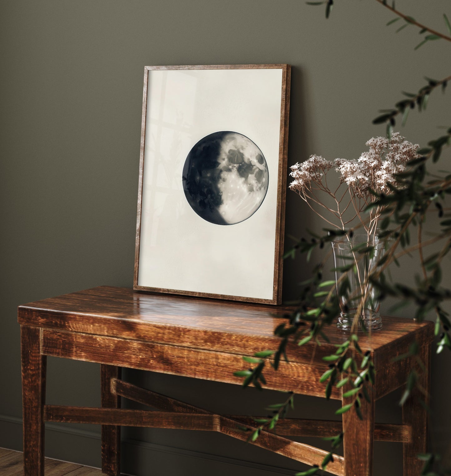Crescent Moon Art Print - Photorealistic Moon Drawing Poster - Sepia Lunar Wall Art V4 1/3
