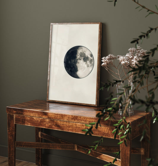 Crescent Moon Art Print - Photorealistic Moon Drawing Poster - Sepia Lunar Wall Art V4 1/3