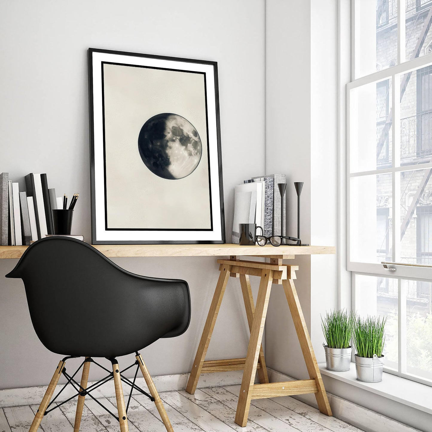 Crescent Moon Art Print - Photorealistic Moon Drawing Poster - Sepia Lunar Wall Art V4 1/3