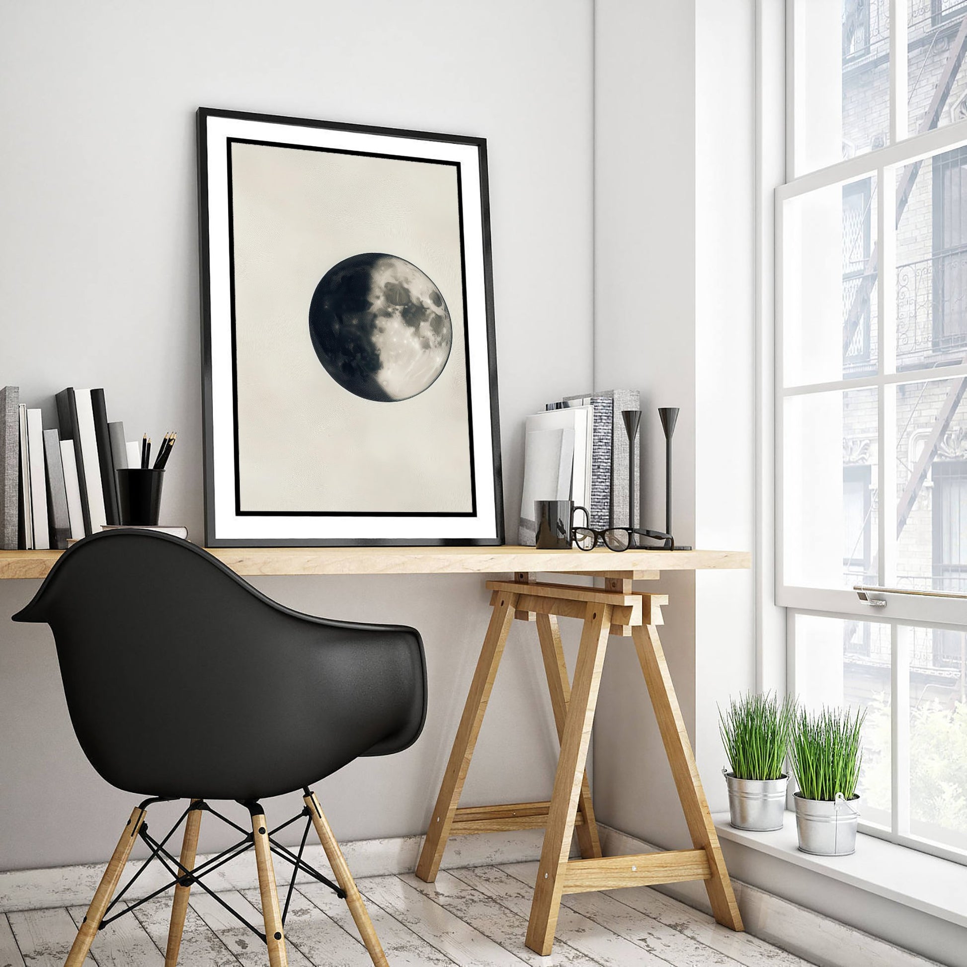 Crescent Moon Art Print - Photorealistic Moon Drawing Poster - Sepia Lunar Wall Art V4 1/3