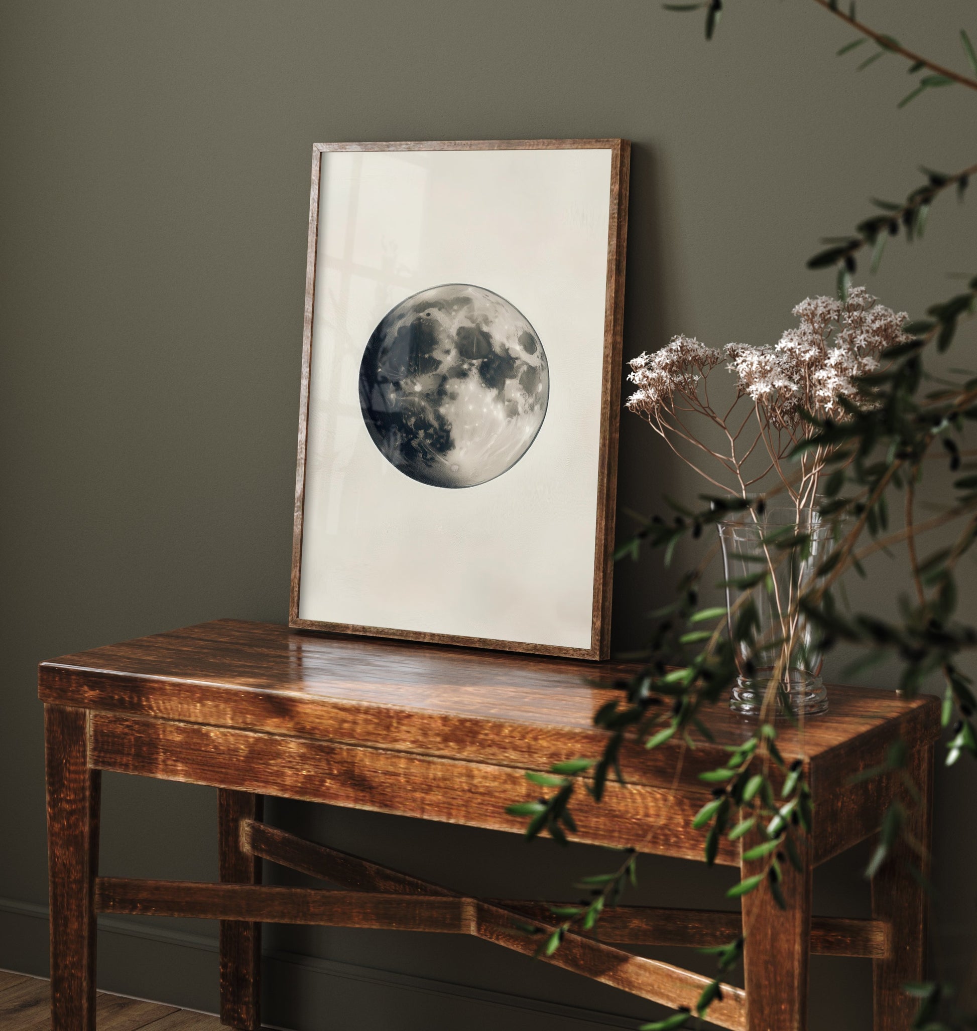Full Moon Art Print - Photorealistic Moon Drawing Poster - Sepia Lunar Wall Art V4 2/3