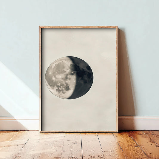 Half Moon Art Print - Photorealistic Moon Drawing Poster - Sepia Lunar Wall Art V4 3/3
