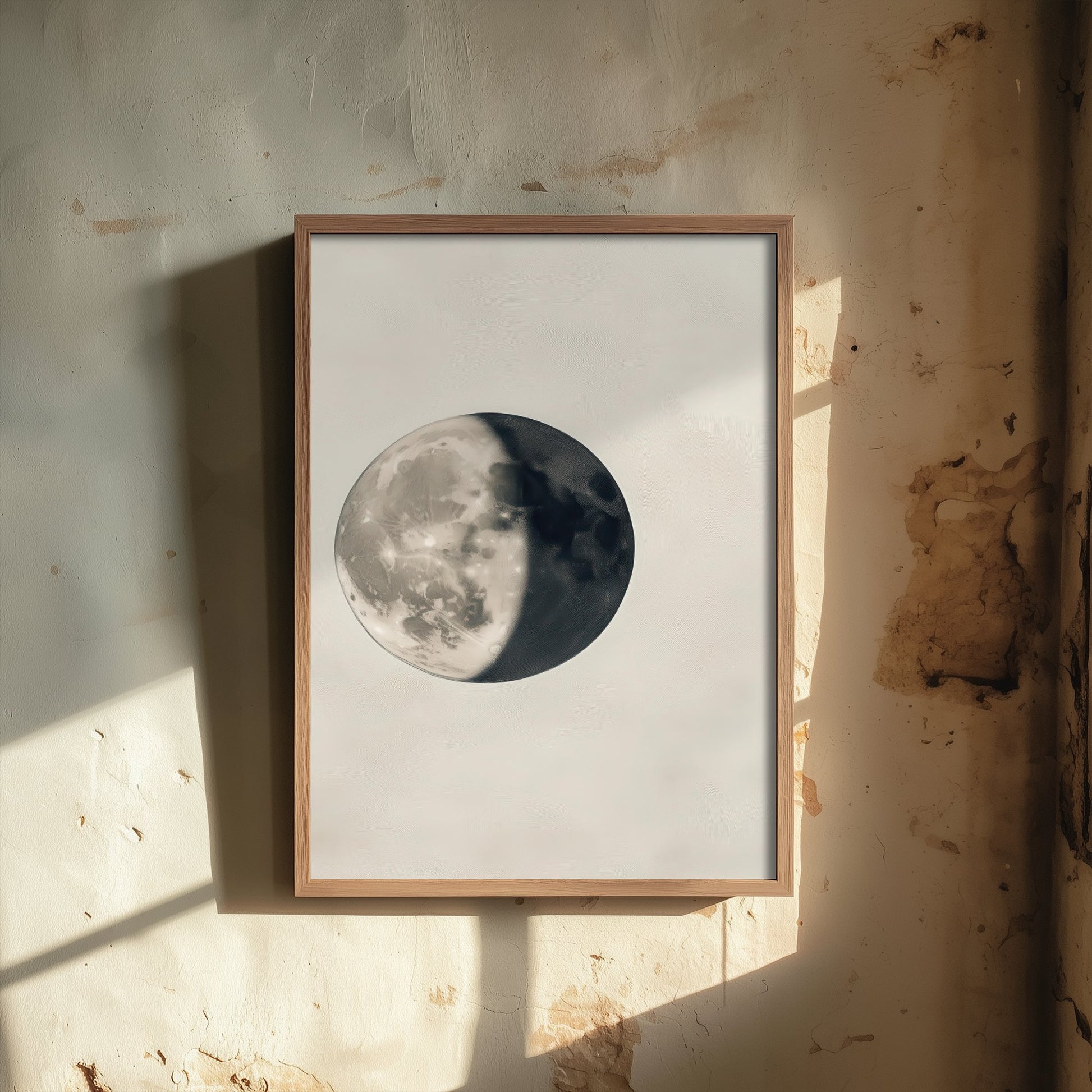 Half Moon Art Print - Photorealistic Moon Drawing Poster - Sepia Lunar Wall Art V4 3/3