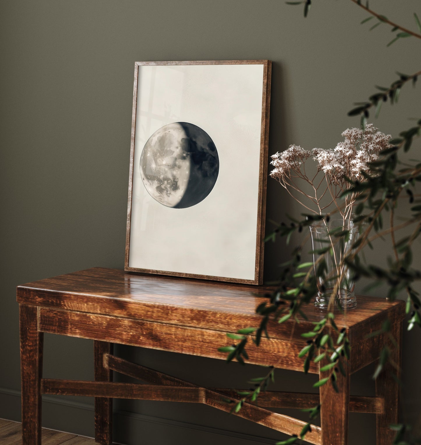 Half Moon Art Print - Photorealistic Moon Drawing Poster - Sepia Lunar Wall Art V4 3/3