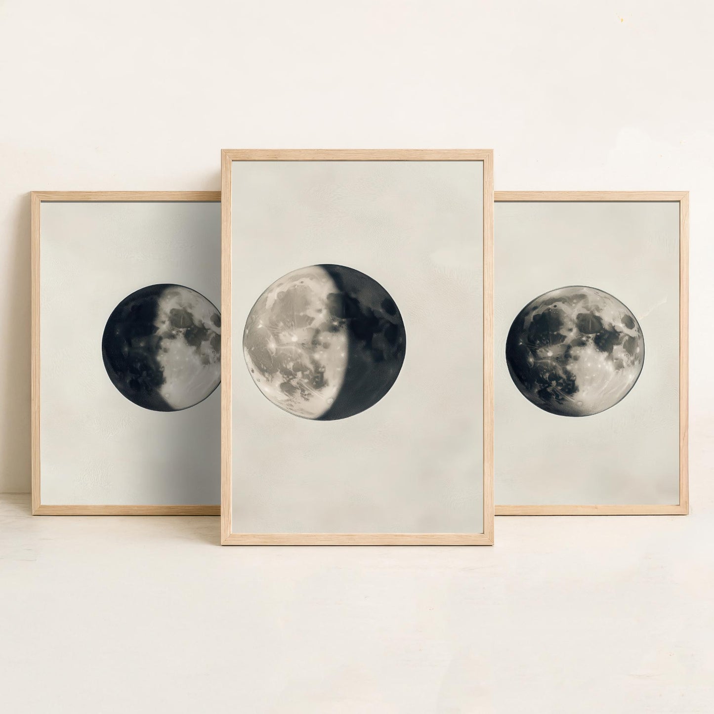 Moon Phases Set of Three Art Prints - 3 Waning Full Waxing Moon Posters - Sepia Vintage Photo Wall Art Astronomy Space Gift V4