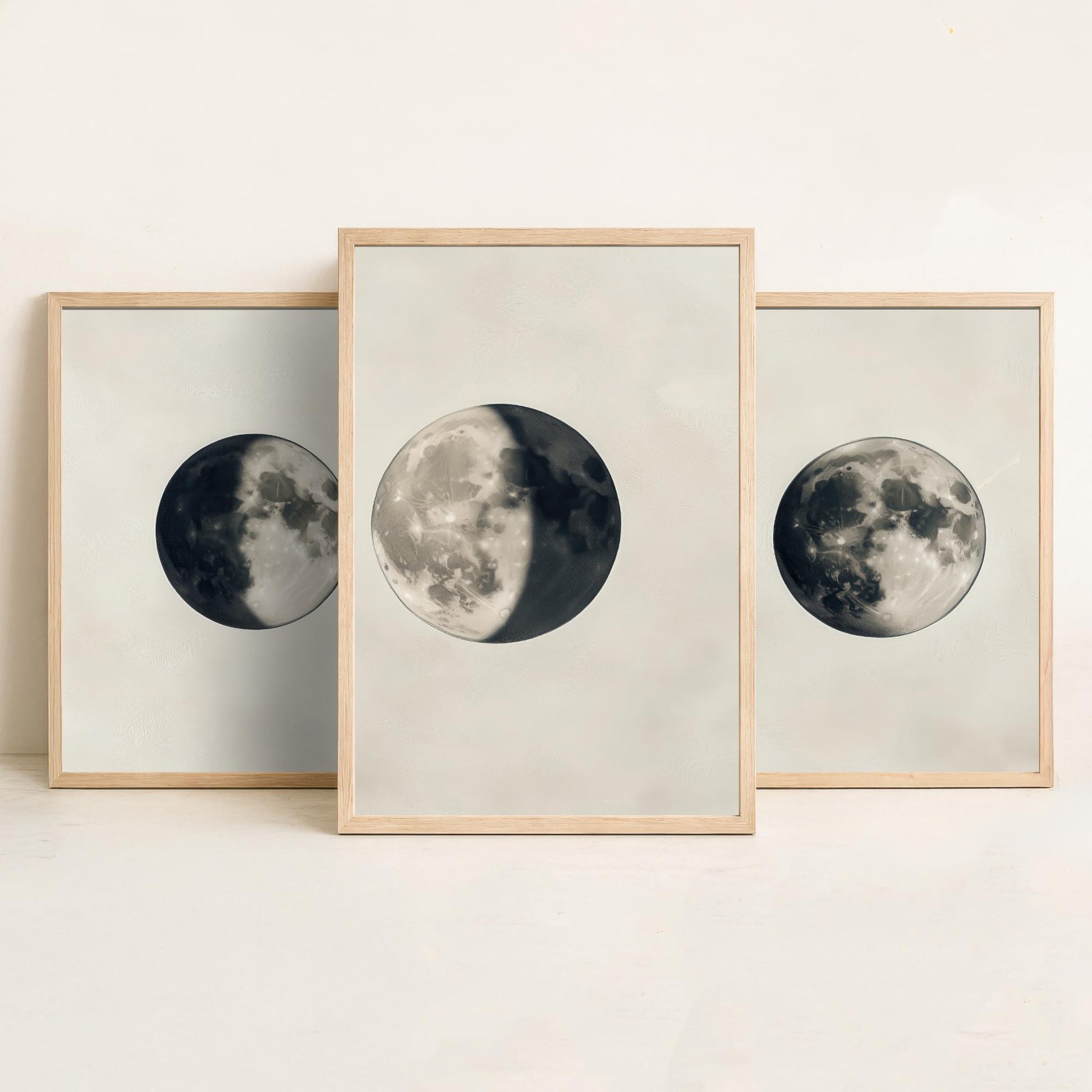 Moon Phases Set of Three Art Prints - 3 Waning Full Waxing Moon Posters - Sepia Vintage Photo Wall Art Astronomy Space Gift V4