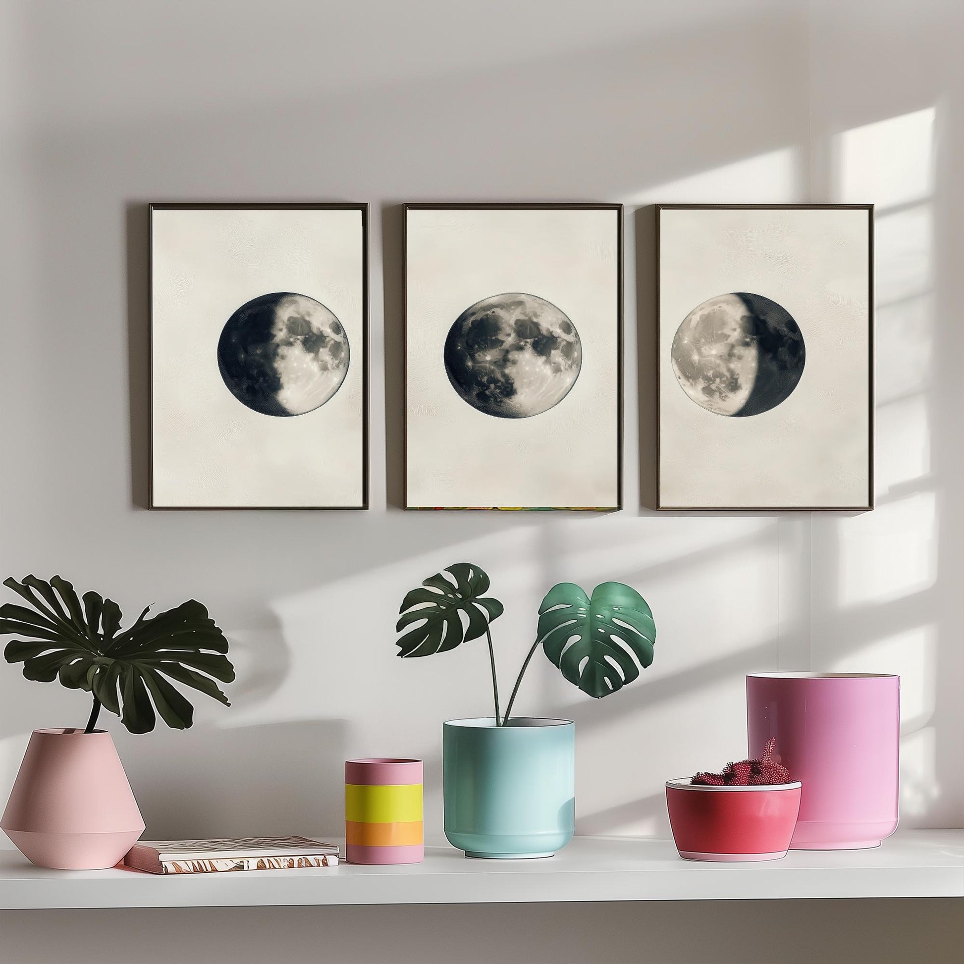 Moon Phases Set of Three Art Prints - 3 Waning Full Waxing Moon Posters - Sepia Vintage Photo Wall Art Astronomy Space Gift V4