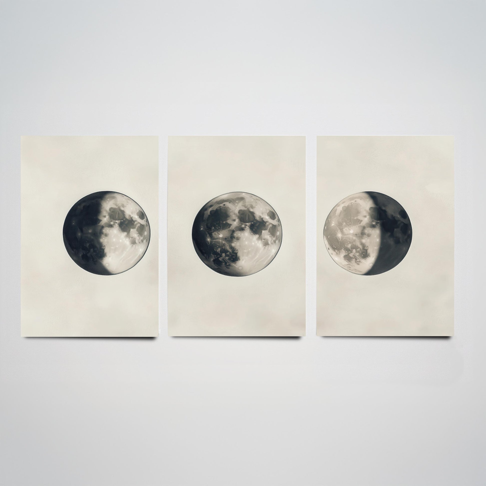Moon Phases Set of Three Art Prints - 3 Waning Full Waxing Moon Posters - Sepia Vintage Photo Wall Art Astronomy Space Gift V4
