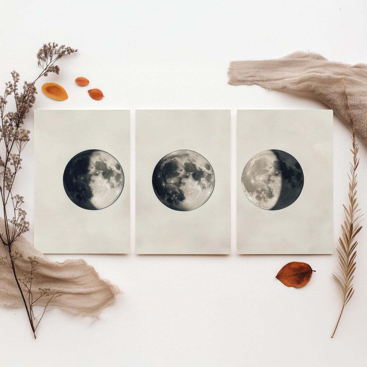 Moon Phases Set of Three Art Prints - 3 Waning Full Waxing Moon Posters - Sepia Vintage Photo Wall Art Astronomy Space Gift V4