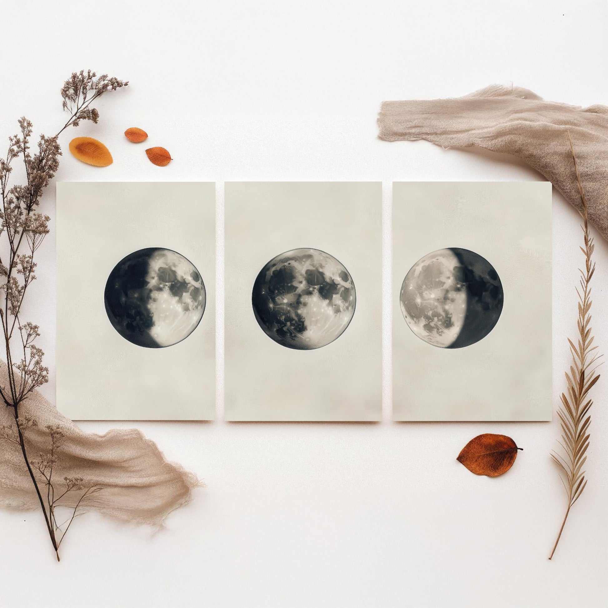 Moon Phases Set of Three Art Prints - 3 Waning Full Waxing Moon Posters - Sepia Vintage Photo Wall Art Astronomy Space Gift V4