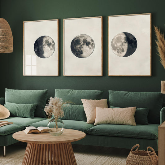 Moon Phases Set of Three Art Prints - 3 Waning Full Waxing Moon Posters - Sepia Vintage Photo Wall Art Astronomy Space Gift V4