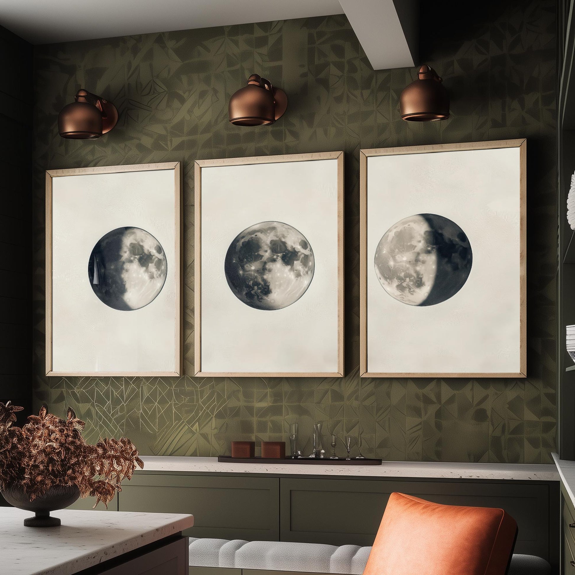 Moon Phases Set of Three Art Prints - 3 Waning Full Waxing Moon Posters - Sepia Vintage Photo Wall Art Astronomy Space Gift V4