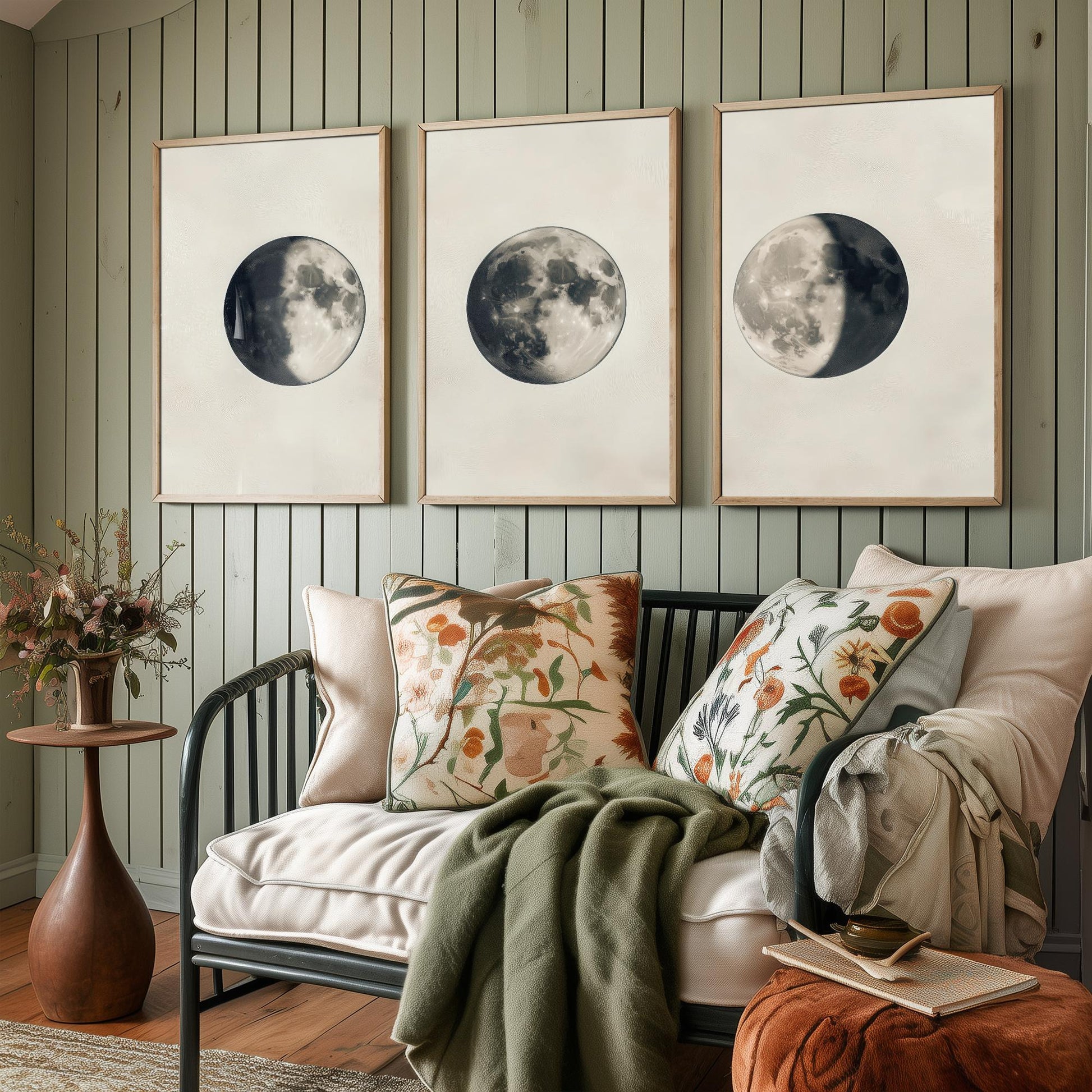 Moon Phases Set of Three Art Prints - 3 Waning Full Waxing Moon Posters - Sepia Vintage Photo Wall Art Astronomy Space Gift V4