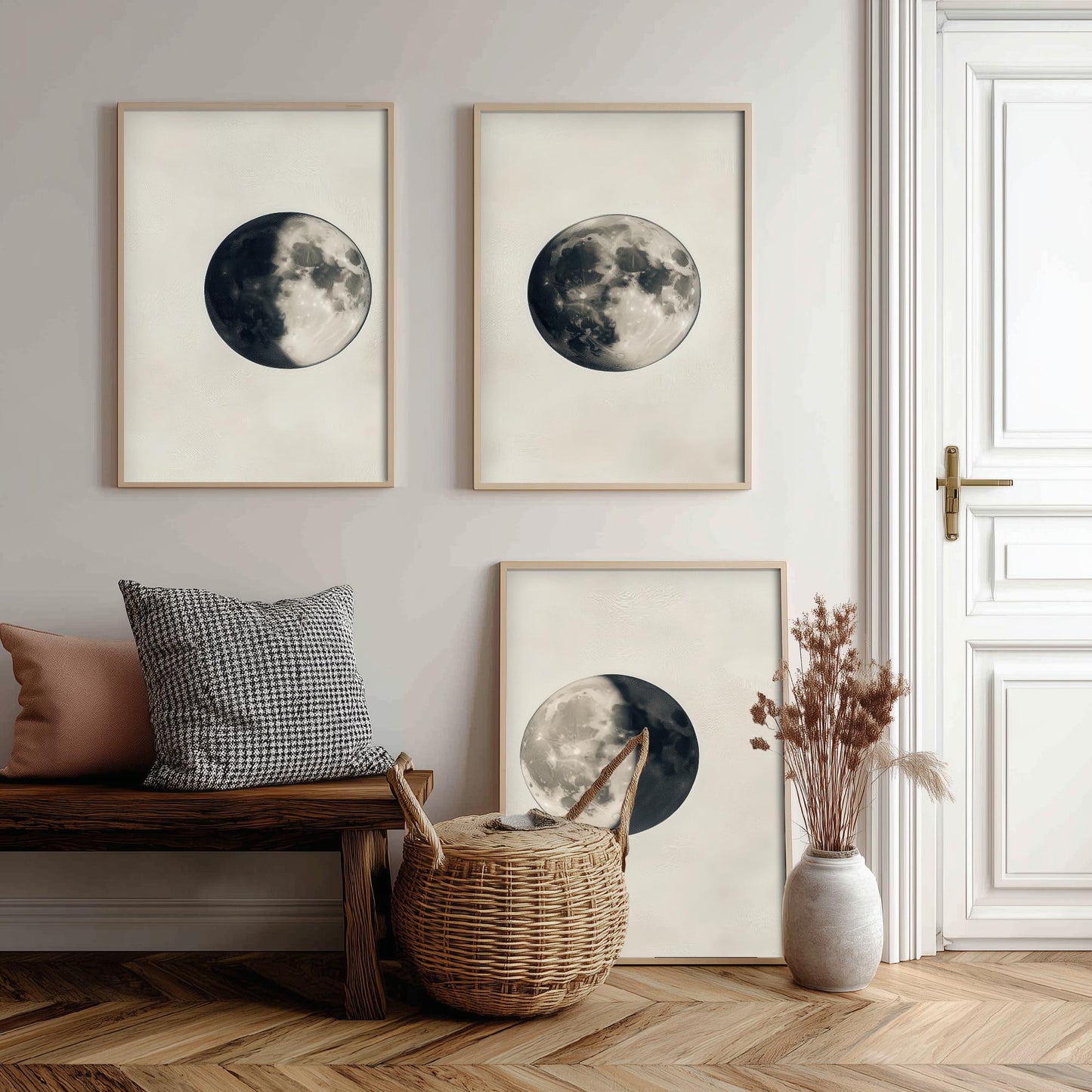 Moon Phases Set of Three Art Prints - 3 Waning Full Waxing Moon Posters - Sepia Vintage Photo Wall Art Astronomy Space Gift V4