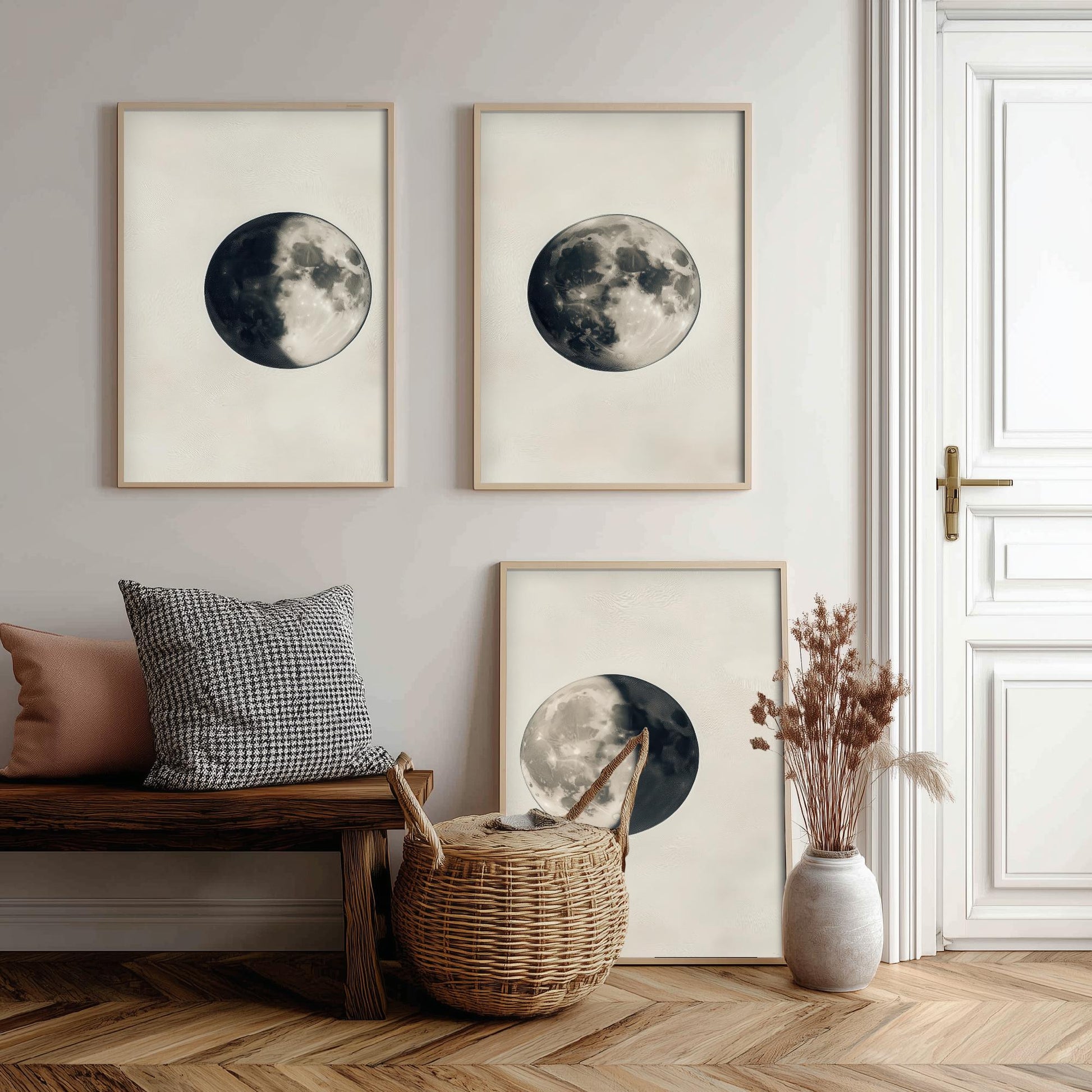Moon Phases Set of Three Art Prints - 3 Waning Full Waxing Moon Posters - Sepia Vintage Photo Wall Art Astronomy Space Gift V4