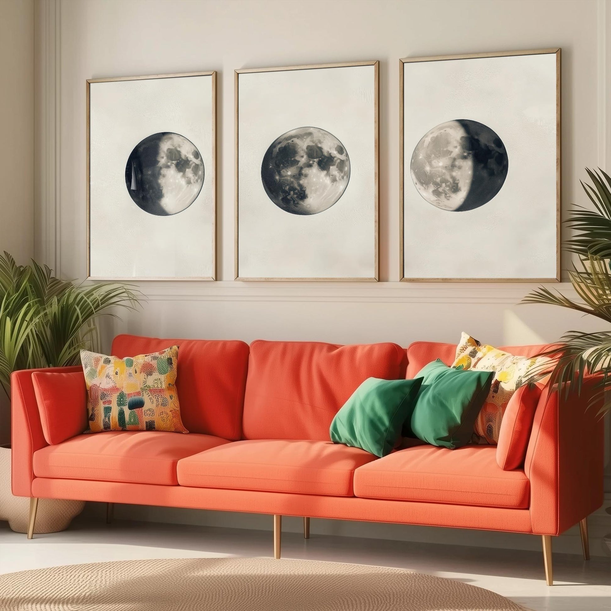 Moon Phases Set of Three Art Prints - 3 Waning Full Waxing Moon Posters - Sepia Vintage Photo Wall Art Astronomy Space Gift V4