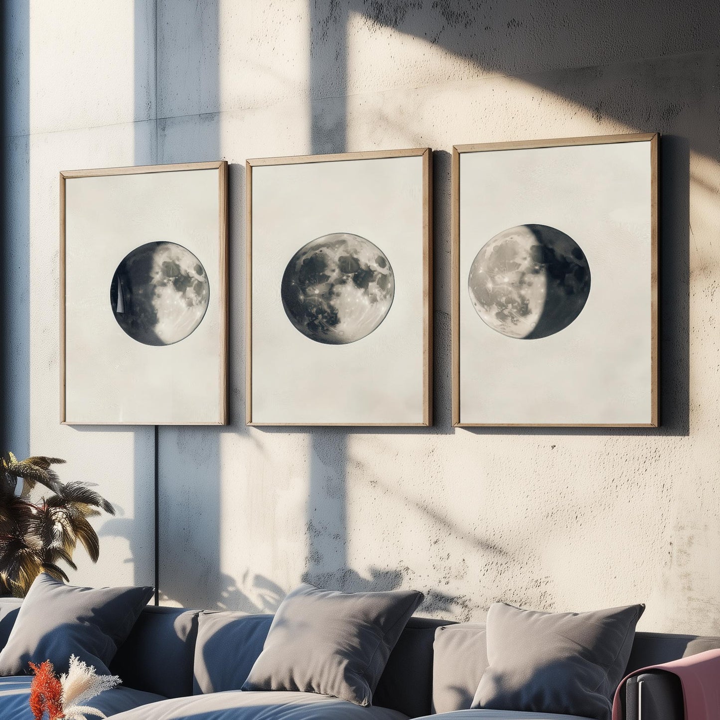 Moon Phases Set of Three Art Prints - 3 Waning Full Waxing Moon Posters - Sepia Vintage Photo Wall Art Astronomy Space Gift V4