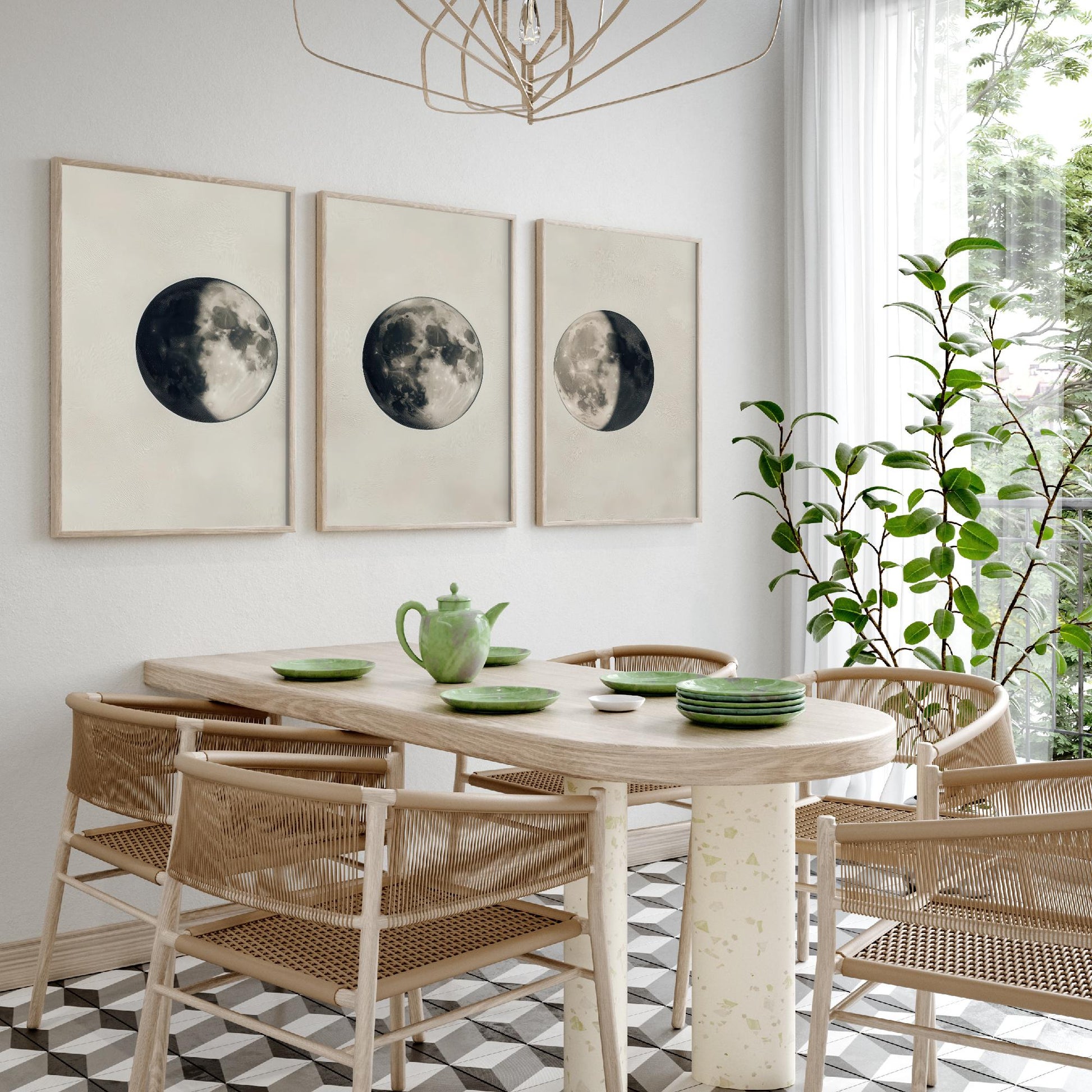 Moon Phases Set of Three Art Prints - 3 Waning Full Waxing Moon Posters - Sepia Vintage Photo Wall Art Astronomy Space Gift V4