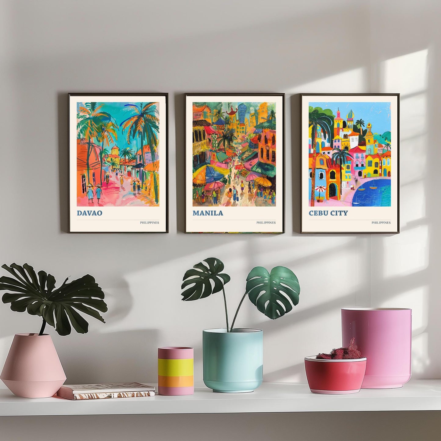 Philippines Set of Three Travel Posters - Davao, Manila, Cebu City - 3 Colourful City Art Prints - Illustration Wall Art Gift