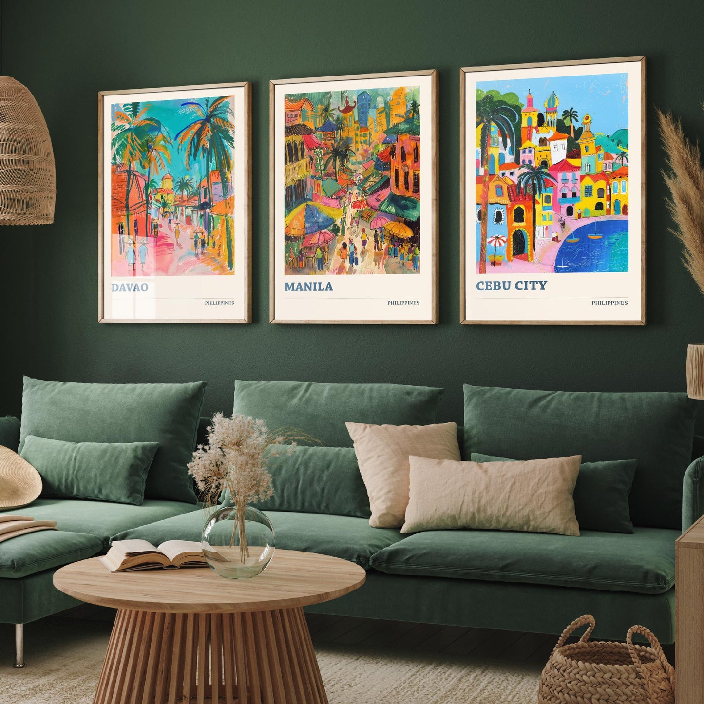 Philippines Set of Three Travel Posters - Davao, Manila, Cebu City - 3 Colourful City Art Prints - Illustration Wall Art Gift