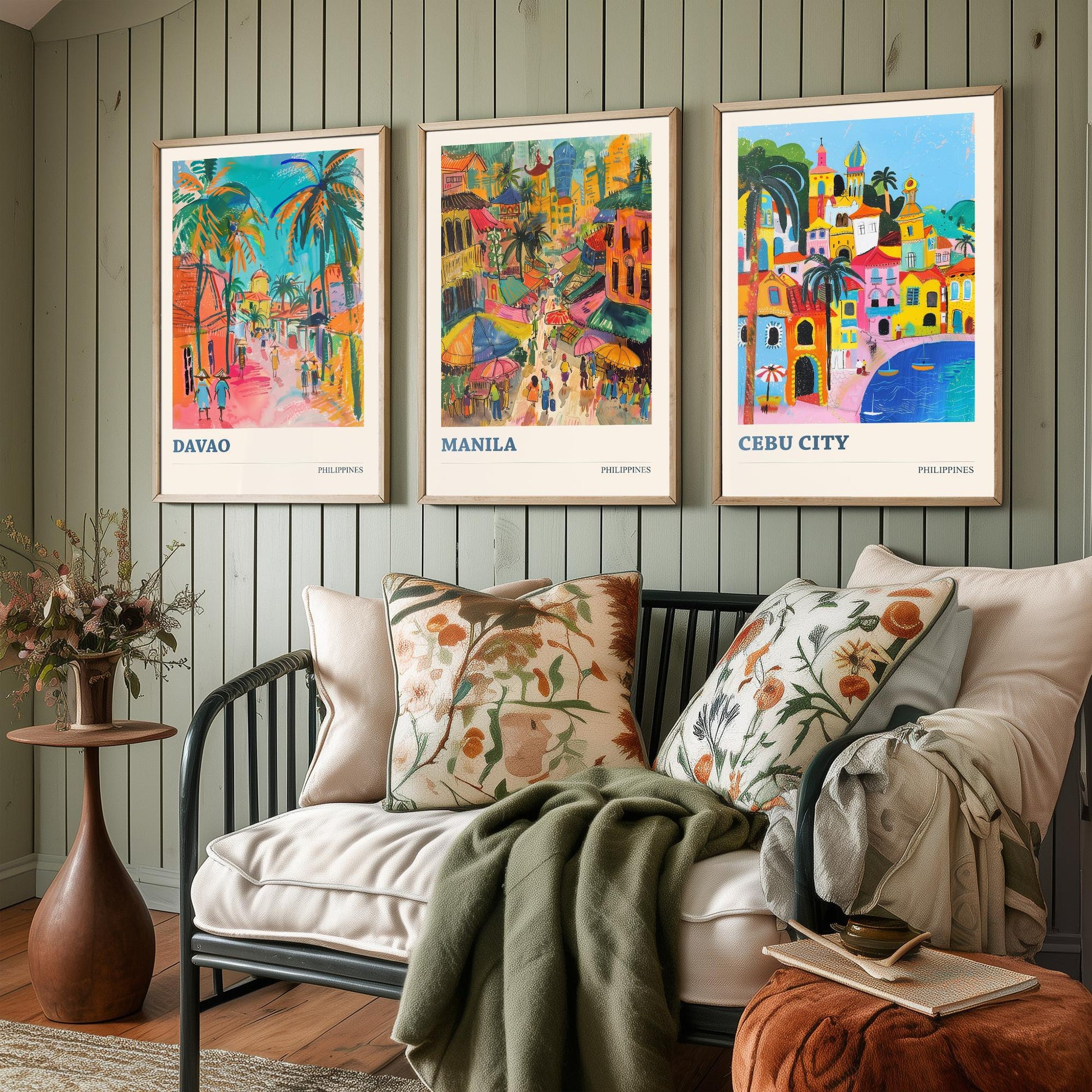 Philippines Set of Three Travel Posters - Davao, Manila, Cebu City - 3 Colourful City Art Prints - Illustration Wall Art Gift