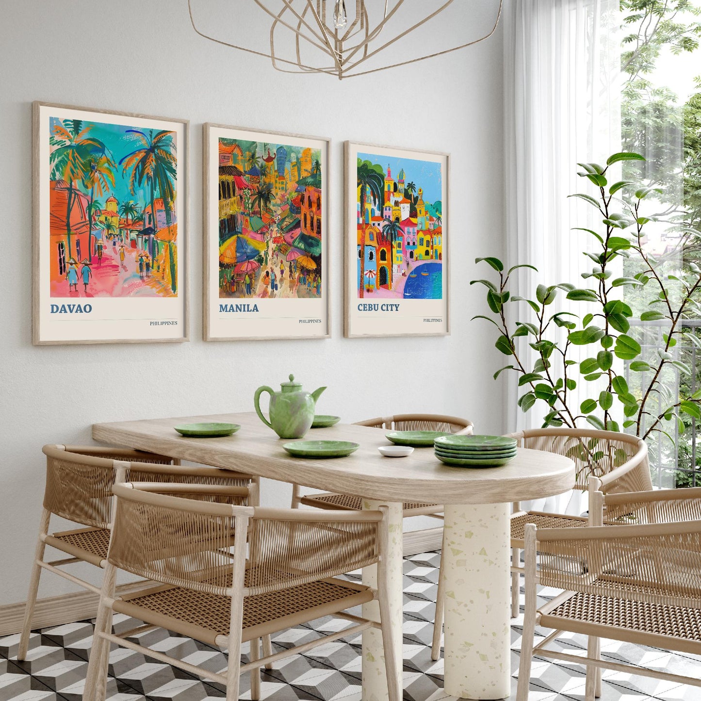 Philippines Set of Three Travel Posters - Davao, Manila, Cebu City - 3 Colourful City Art Prints - Illustration Wall Art Gift