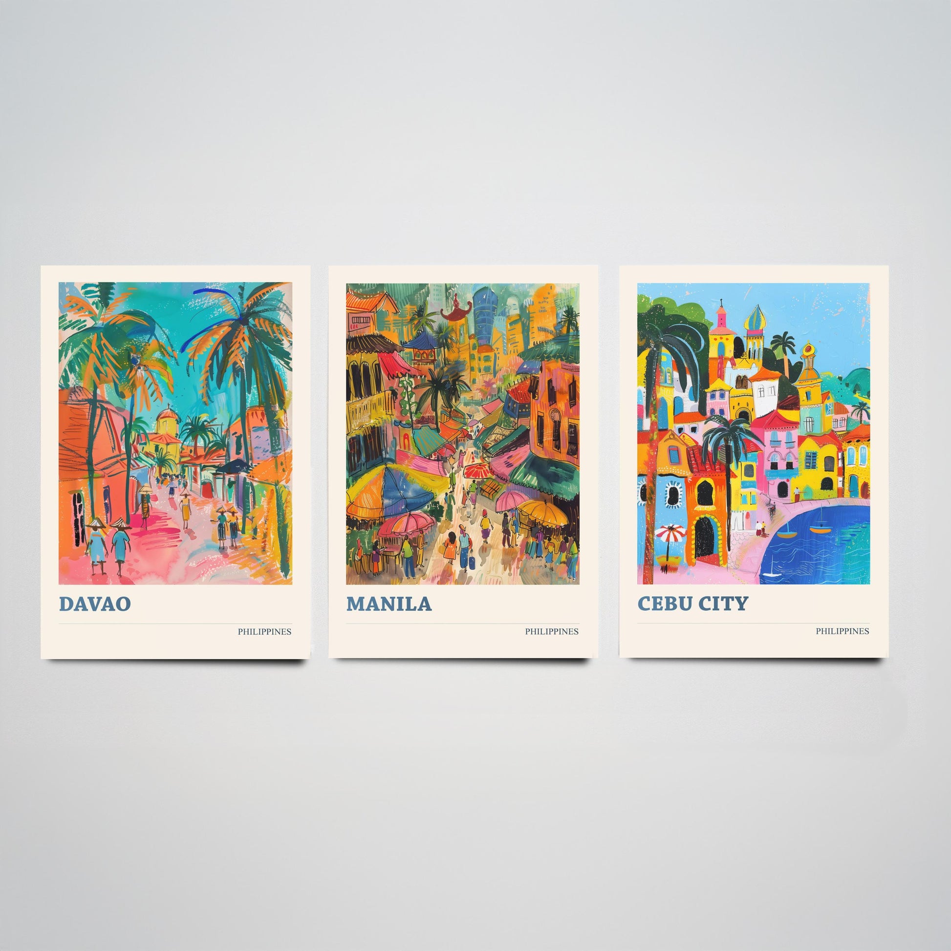 Philippines Set of Three Travel Posters - Davao, Manila, Cebu City - 3 Colourful City Art Prints - Illustration Wall Art Gift