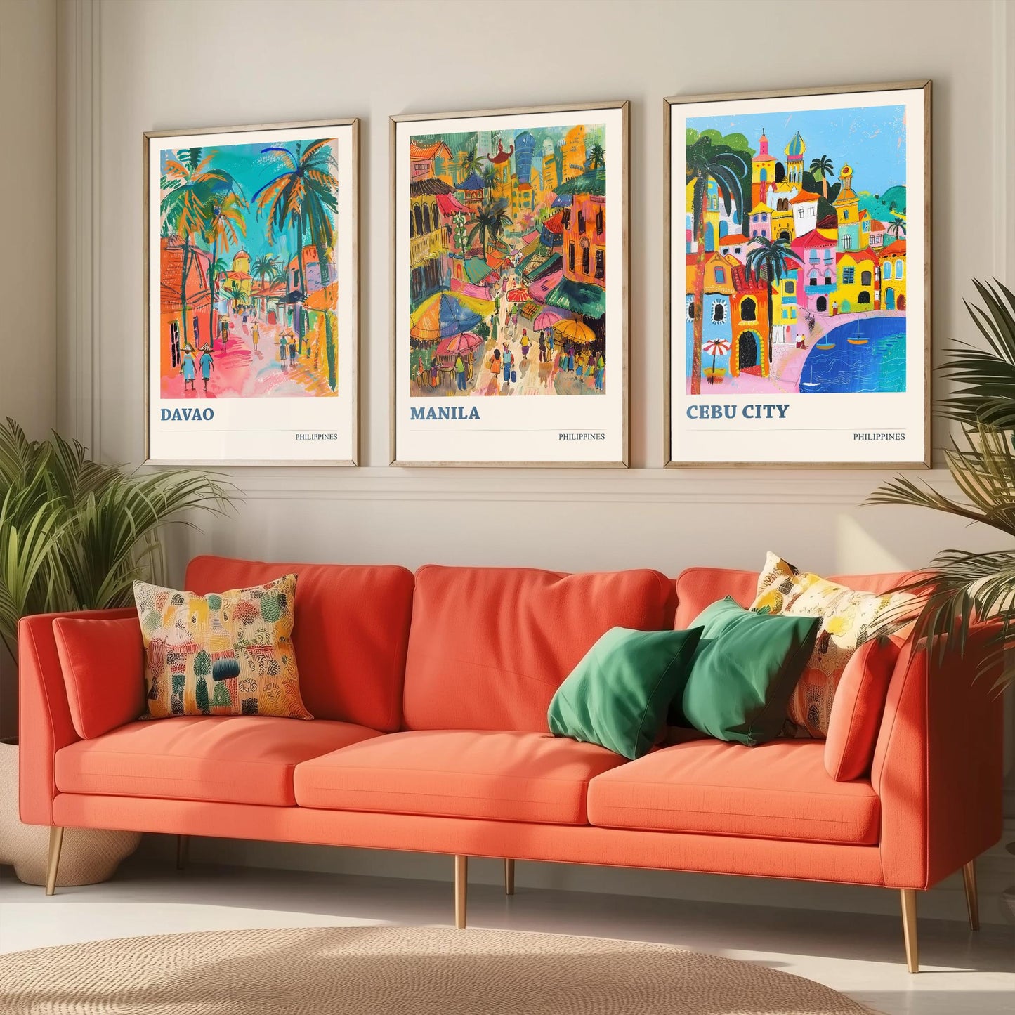 Philippines Set of Three Travel Posters - Davao, Manila, Cebu City - 3 Colourful City Art Prints - Illustration Wall Art Gift
