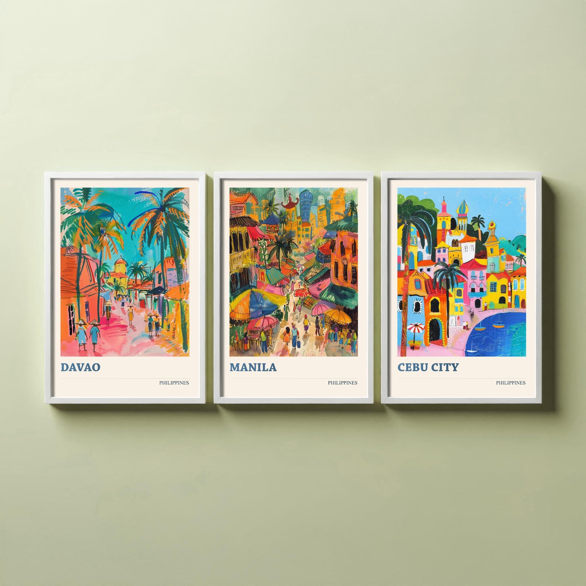 Philippines Set of Three Travel Posters - Davao, Manila, Cebu City - 3 Colourful City Art Prints - Illustration Wall Art Gift