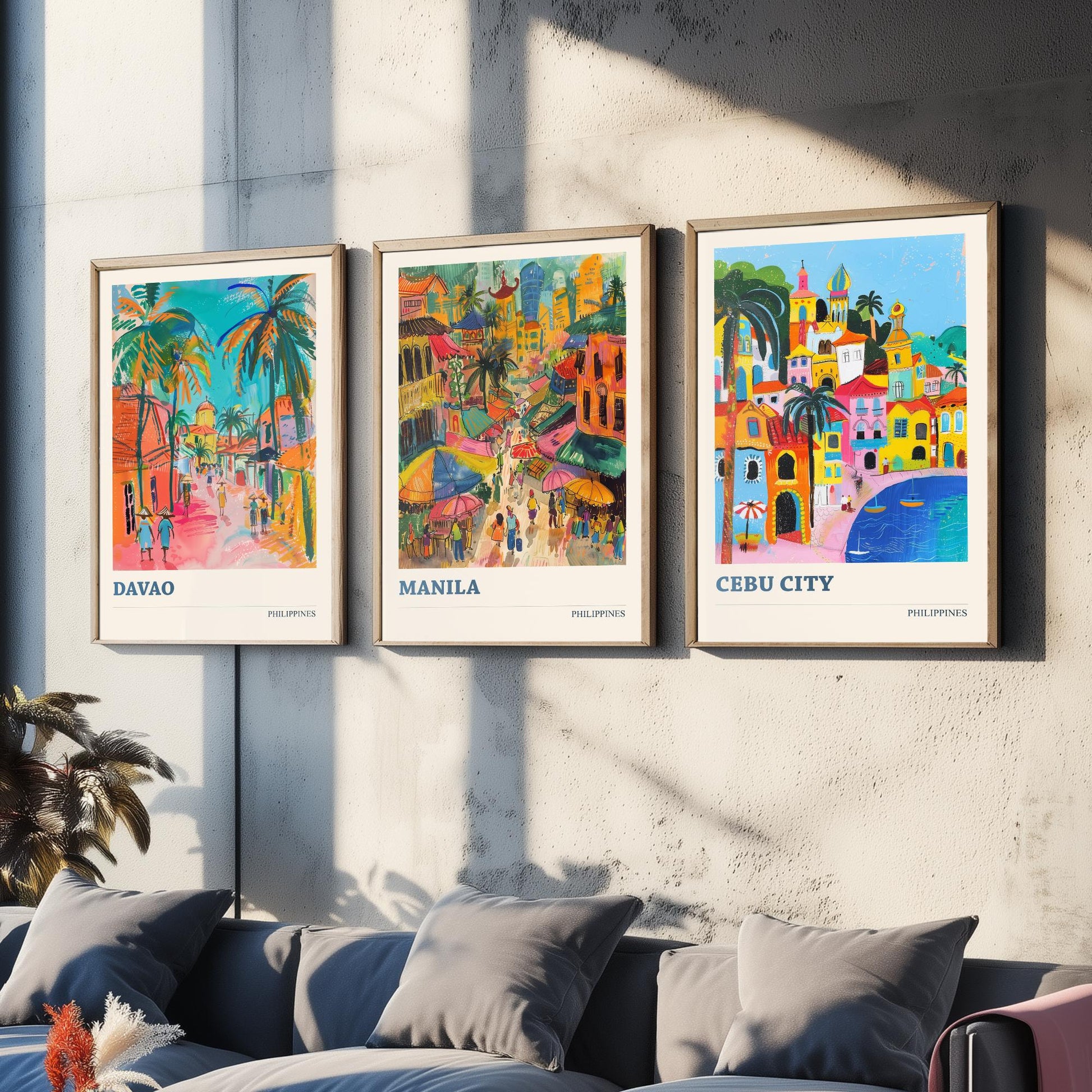 Philippines Set of Three Travel Posters - Davao, Manila, Cebu City - 3 Colourful City Art Prints - Illustration Wall Art Gift