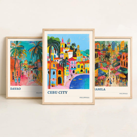 Philippines Set of Three Travel Posters - Davao, Manila, Cebu City - 3 Colourful City Art Prints - Illustration Wall Art Gift