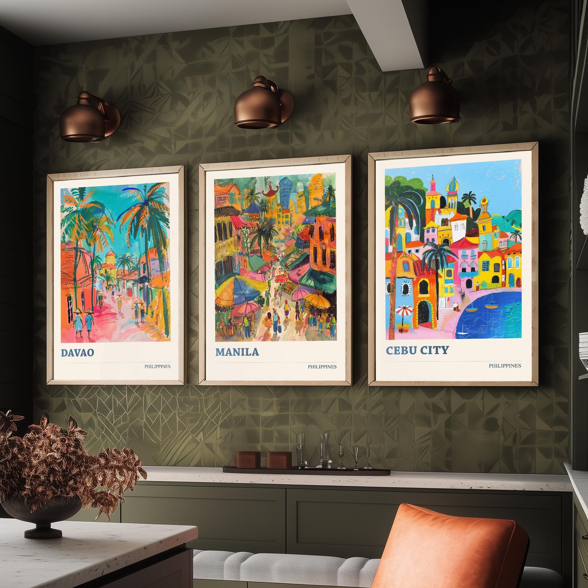 Philippines Set of Three Travel Posters - Davao, Manila, Cebu City - 3 Colourful City Art Prints - Illustration Wall Art Gift
