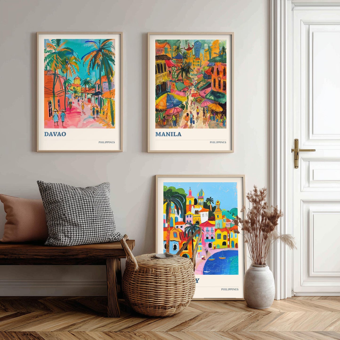 Philippines Set of Three Travel Posters - Davao, Manila, Cebu City - 3 Colourful City Art Prints - Illustration Wall Art Gift
