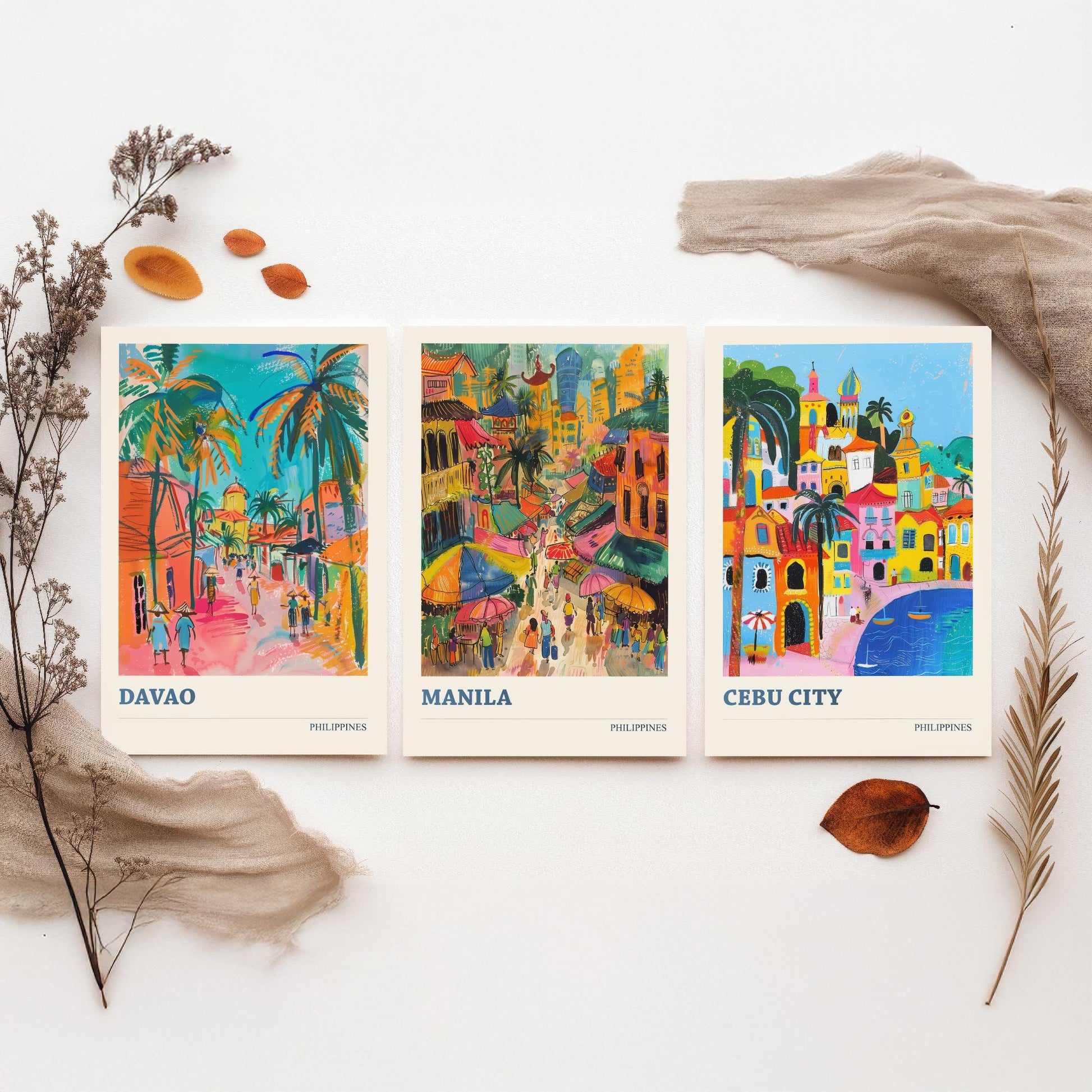 Philippines Set of Three Travel Posters - Davao, Manila, Cebu City - 3 Colourful City Art Prints - Illustration Wall Art Gift