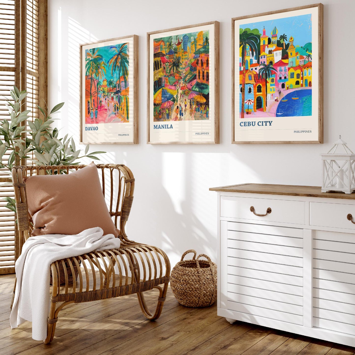Philippines Set of Three Travel Posters - Davao, Manila, Cebu City - 3 Colourful City Art Prints - Illustration Wall Art Gift