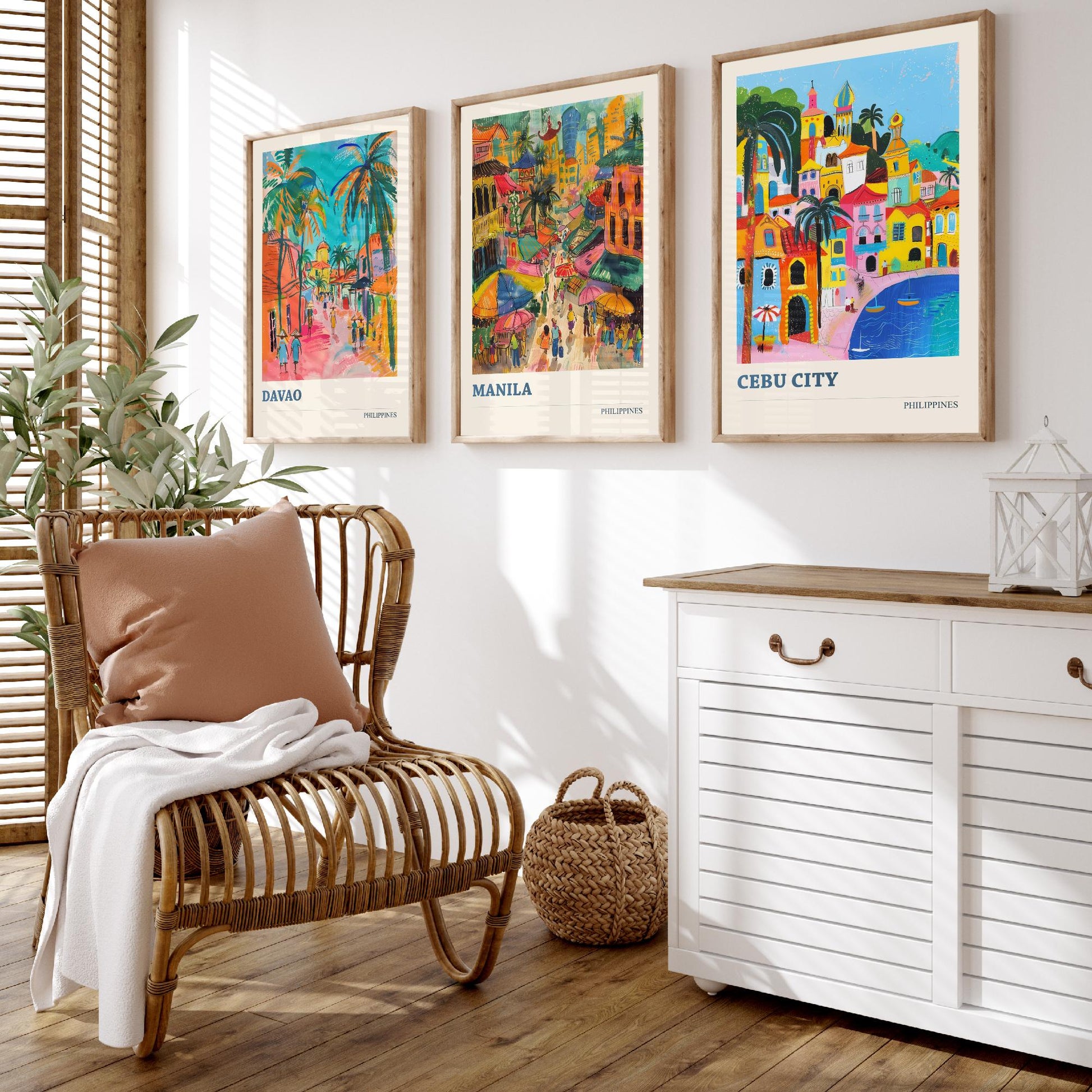 Philippines Set of Three Travel Posters - Davao, Manila, Cebu City - 3 Colourful City Art Prints - Illustration Wall Art Gift