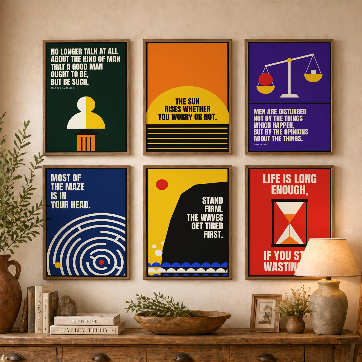 Set of Six Philosophy Quote Art Prints - 6 Bauhaus Stoic Posters - Minimalist Office Illustration - Stoicism, Hourglass, Scales