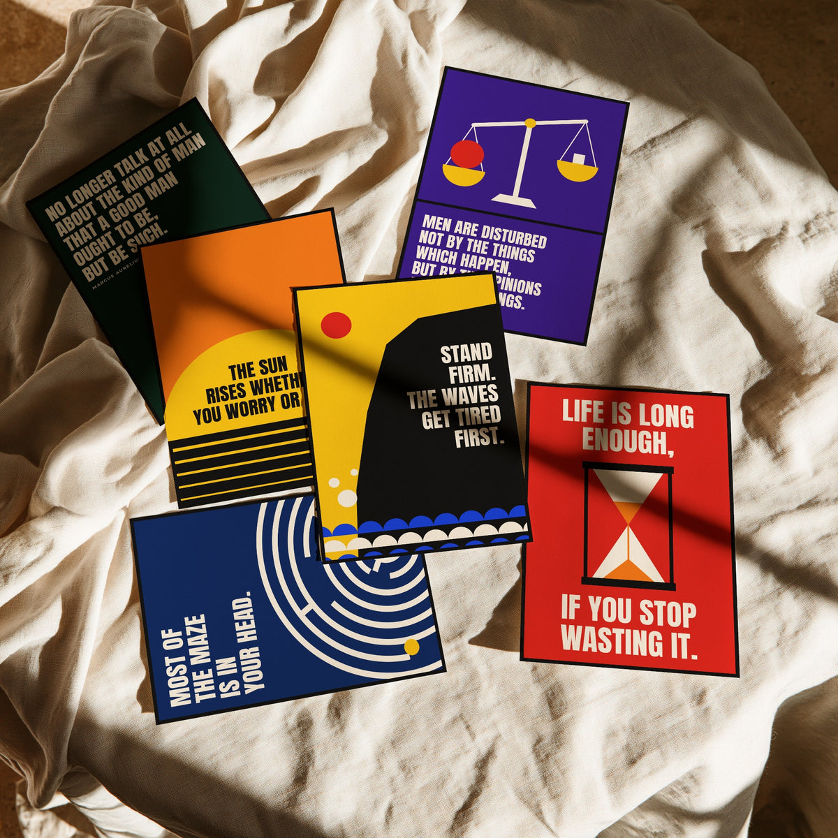 Set of Six Philosophy Quote Art Prints - 6 Bauhaus Stoic Posters - Minimalist Office Illustration - Stoicism, Hourglass, Scales