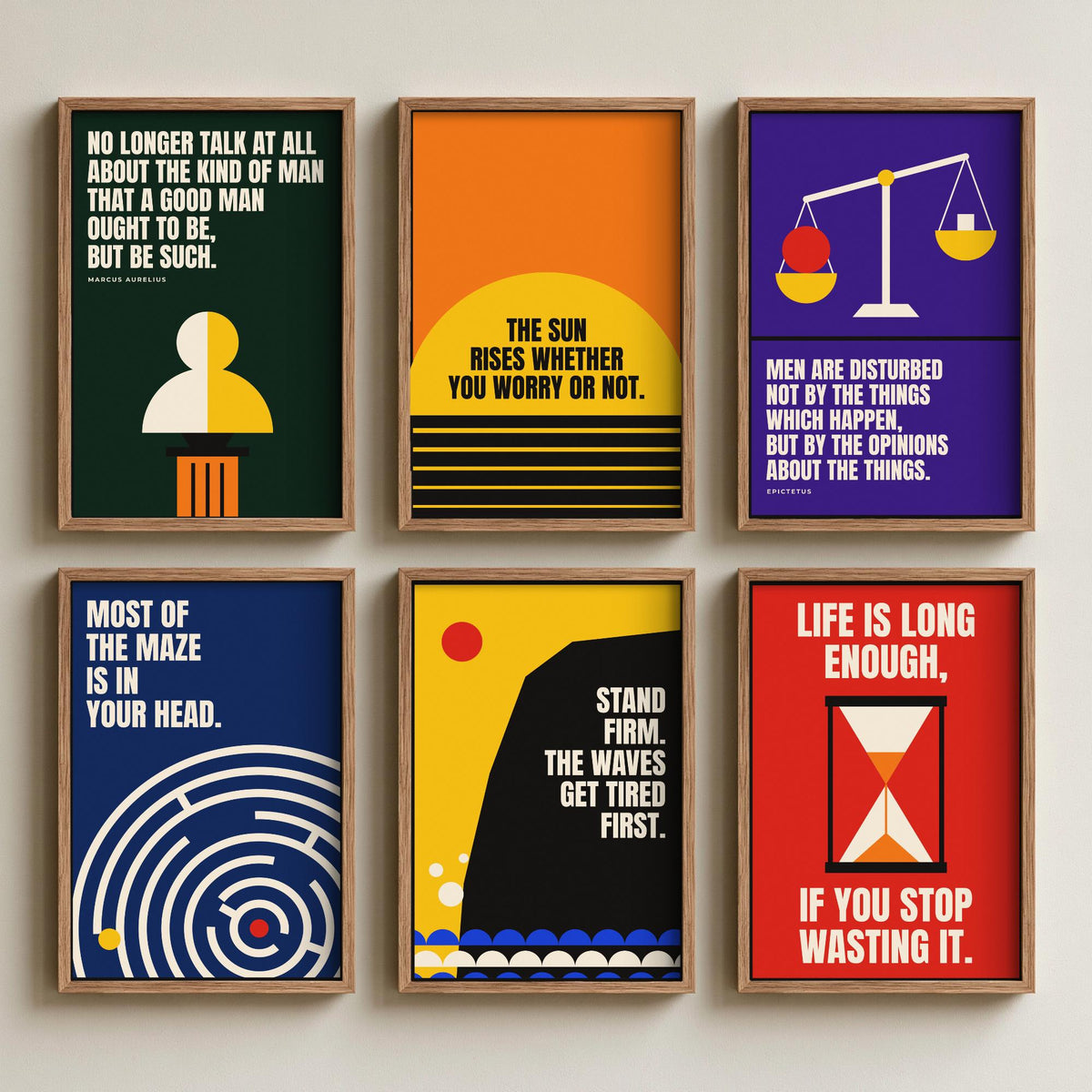 Set of Six Philosophy Quote Art Prints - 6 Bauhaus Stoic Posters - Minimalist Office Illustration - Stoicism, Hourglass, Scales