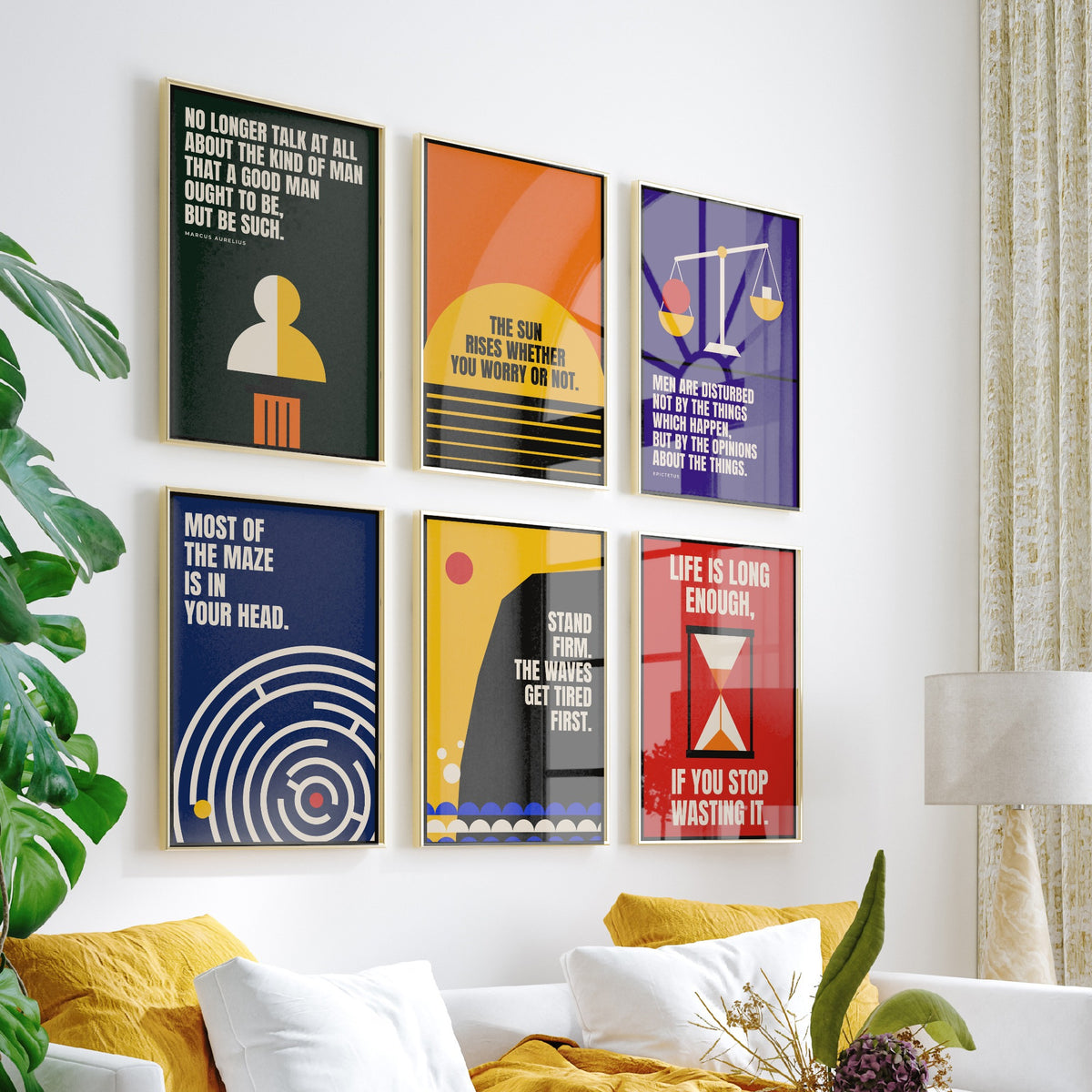 Set of Six Philosophy Quote Art Prints - 6 Bauhaus Stoic Posters - Minimalist Office Illustration - Stoicism, Hourglass, Scales