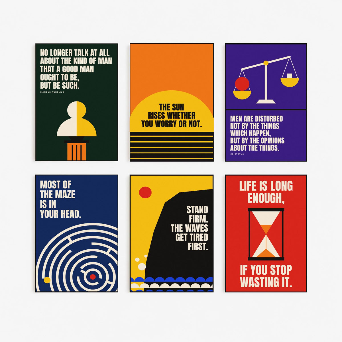 Set of Six Philosophy Quote Art Prints - 6 Bauhaus Stoic Posters - Minimalist Office Illustration - Stoicism, Hourglass, Scales