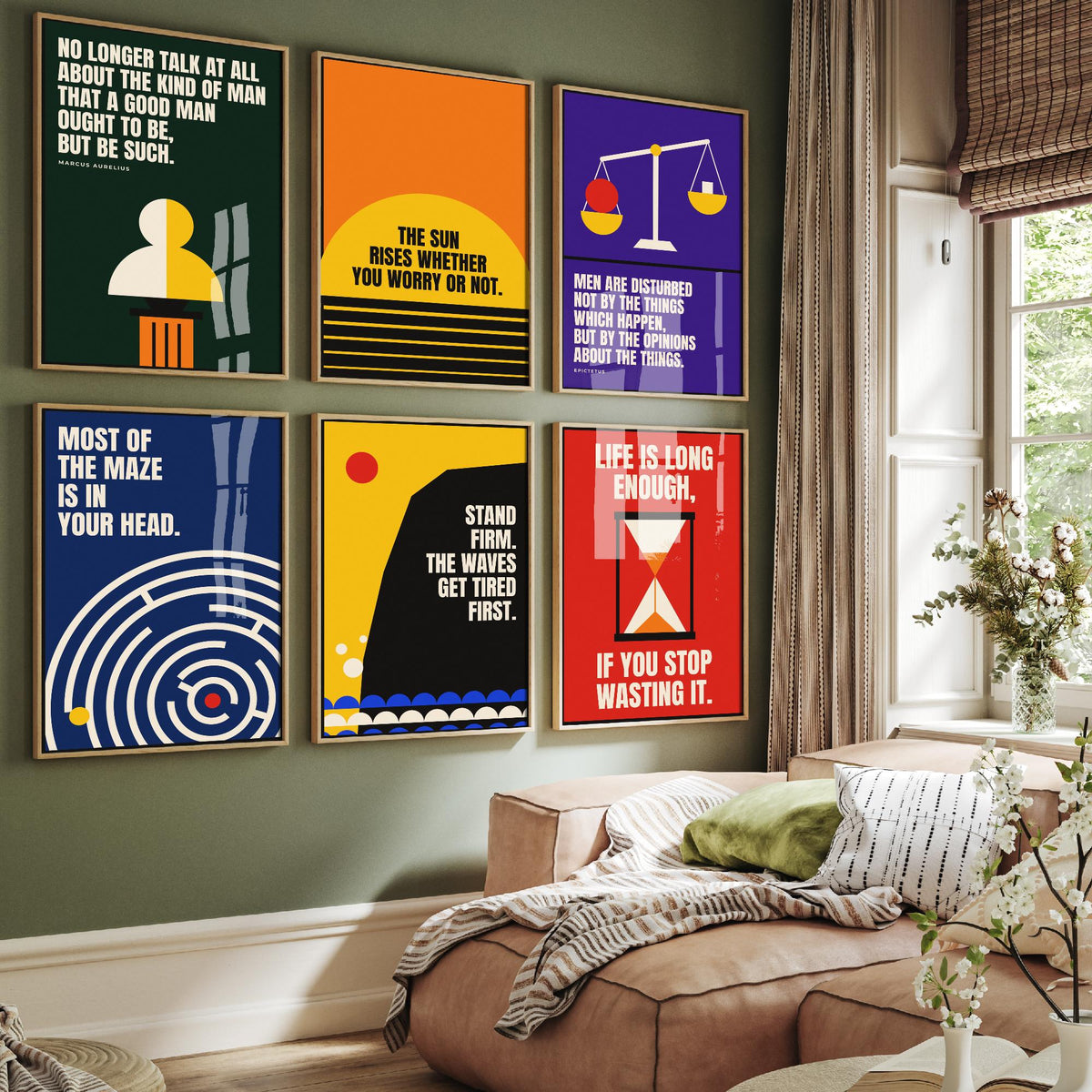 Set of Six Philosophy Quote Art Prints - 6 Bauhaus Stoic Posters - Minimalist Office Illustration - Stoicism, Hourglass, Scales