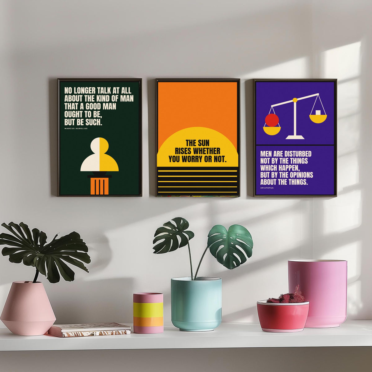 Philosophy Quotes Set of Three Art Prints - 3 Bauhaus Stoic Posters - Minimalist Office Wall Art Illustration V1