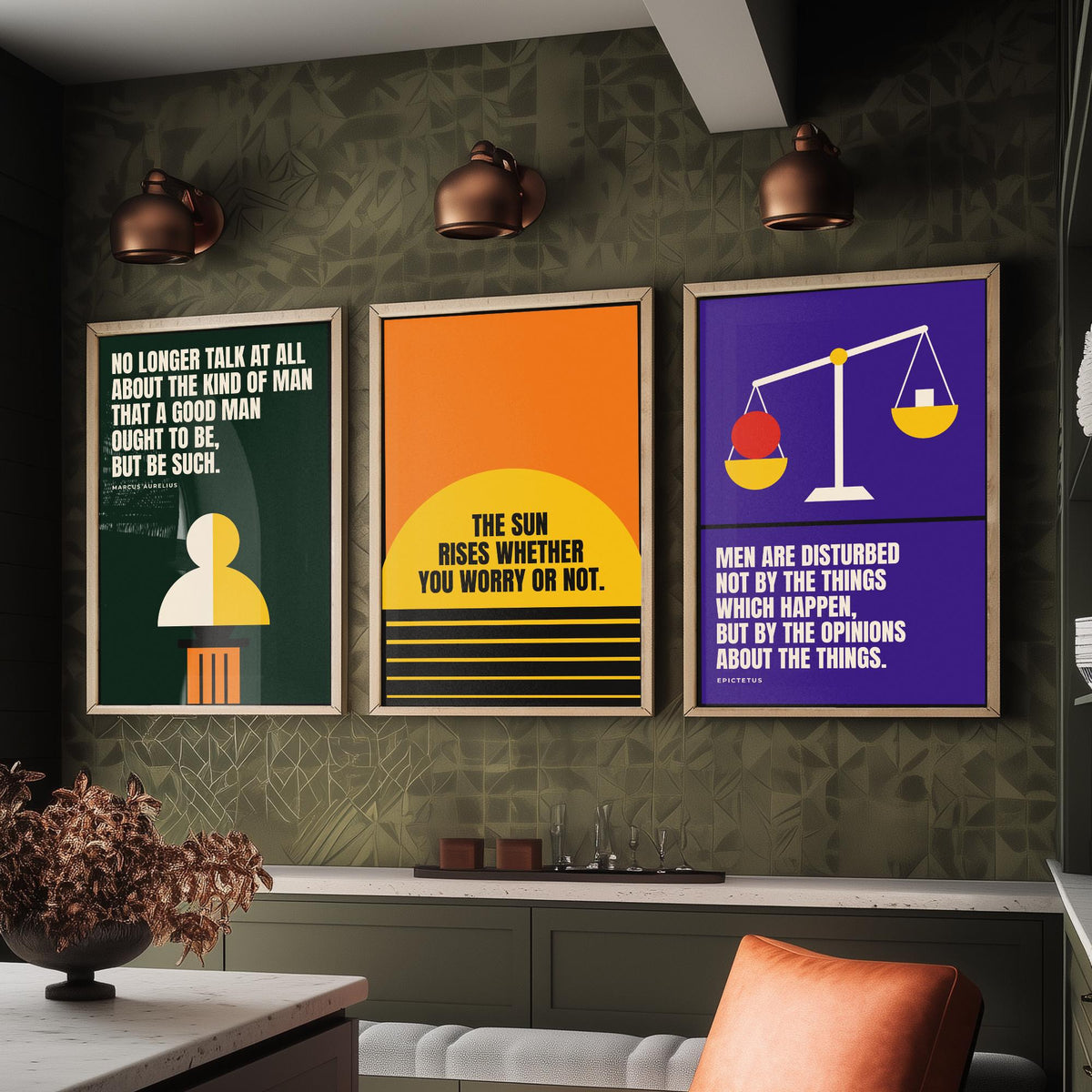 Philosophy Quotes Set of Three Art Prints - 3 Bauhaus Stoic Posters - Minimalist Office Wall Art Illustration V1