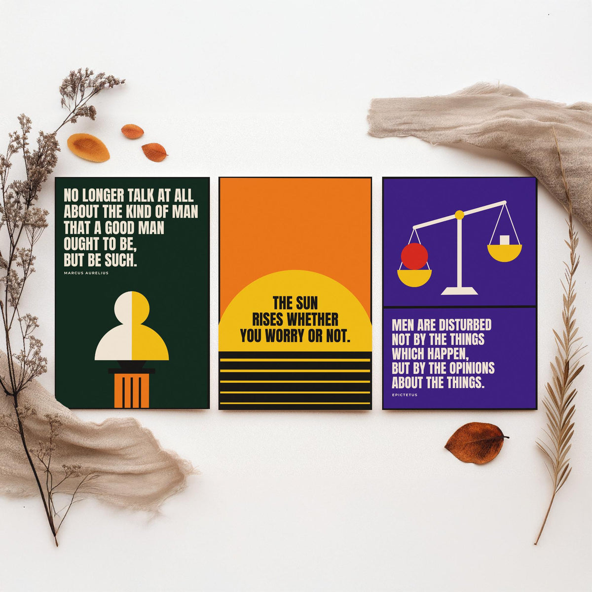 Philosophy Quotes Set of Three Art Prints - 3 Bauhaus Stoic Posters - Minimalist Office Wall Art Illustration V1