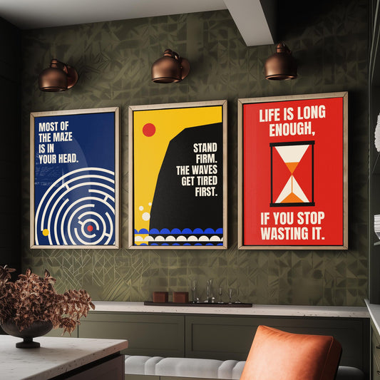 Philosophy Quotes Set of Three Art Prints - 3 Retro Bauhaus Stoic Posters - Minimalist Office Wall Art Illustration V2