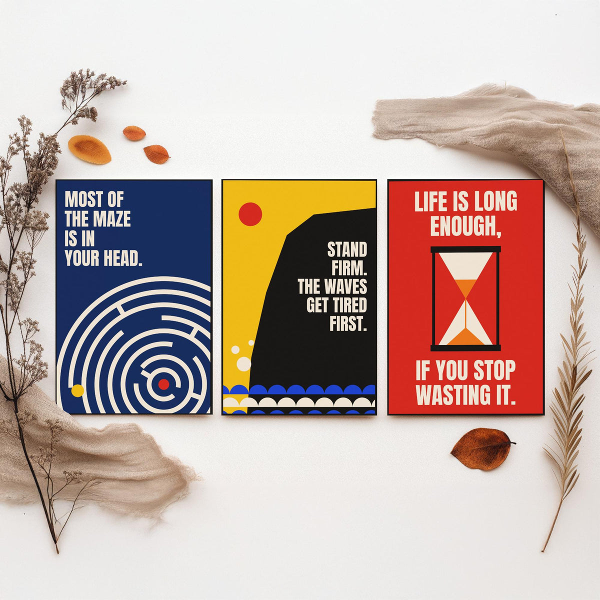 Philosophy Quotes Set of Three Art Prints - 3 Retro Bauhaus Stoic Posters - Minimalist Office Wall Art Illustration V2